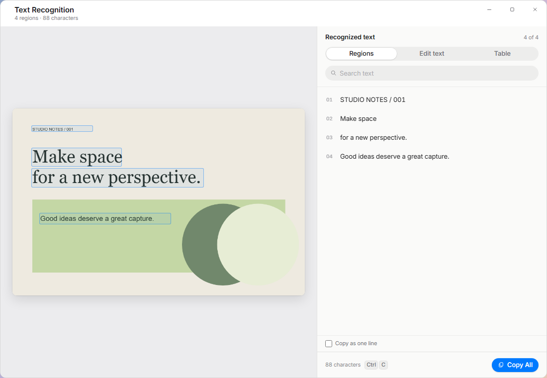 Capto’s text recognition window listing four recognised lines next to the source image